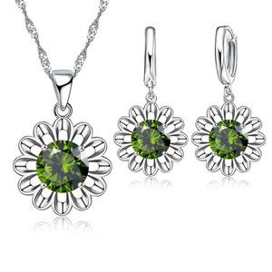 Flower 925 Sterling Silver Necklace And Earrings Set Nature Drop Hoop